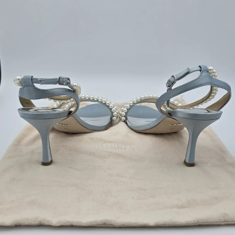 Badgley Mischka Flame Pearl Kitten Heel Sandals, Mist Blue Satin, Women's Sz 9.5 - Picture 8 of 16